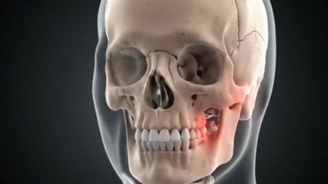 Temporomandibular joint disorder 3d illustration showing painful inflammation of the jaw on a human skull model for medical or educational purposes