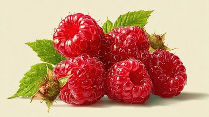 Fresh raspberries with leaves.  A close-up view of several bright red raspberries, clustered together, with vibrant green leaves.  The berries show intricate detail, 