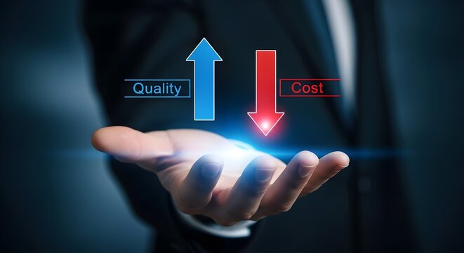 Business professional holds hand displaying increasing quality and decreasing cost arrows, representing efficiency and financial strategy.