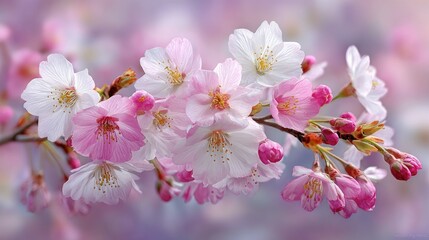Obraz premium Delicate branch of pink and white cherry blossoms, some in full bloom, others as buds, set against a soft, blurred background