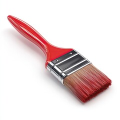 A red-handled paintbrush with natural bristles, angled slightly to the right, isolated on a white background