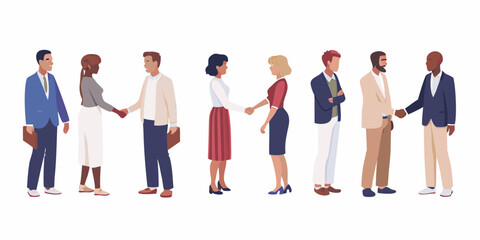 Diverse group of business people shaking hands in a line representing collaboration and partnership