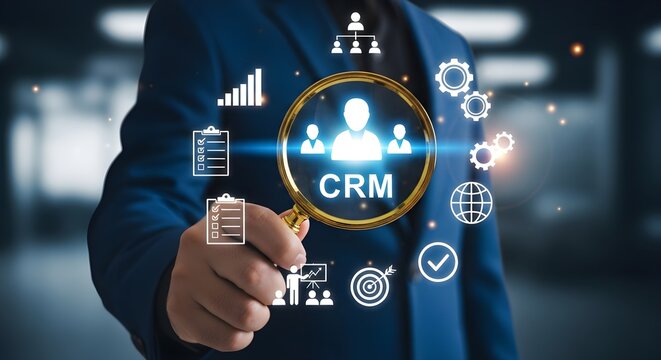 A man in a suit holds a magnifying glass over the letters CRM, surrounded by icons representing data, organization, and business processes.