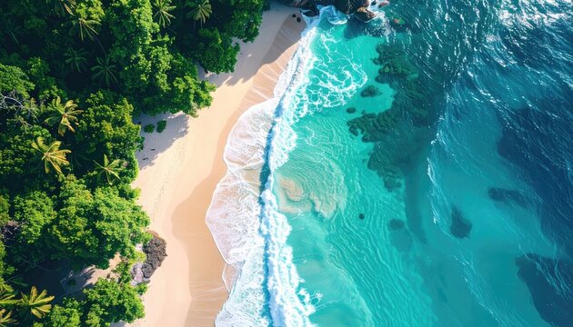Aerial View of a Tropical Beach with Turquoise Water and White Sand Framed by Lush Green Trees Under Bright Sunlight