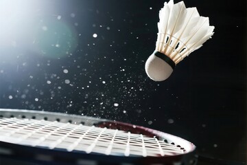 Badminton shuttlecock striking racket with motion blur on dark background