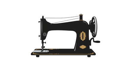 An antique black sewing machine with gold accents isolated on white background