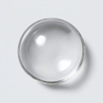 A clear, shallow, spherical glass bowl sits on a light gray background, showcasing its smooth surface and subtle reflections