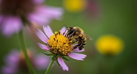 A close-up macro photograph of a bee collecting nectar from a delicate pink and yellow wildflower in a garden setting.