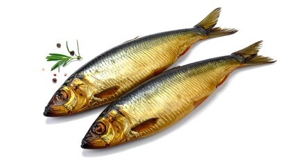 Fototapeta premium Two whole, smoked fish, golden-brown and dark-gray, presented on a bright white background, with hints of herbs and spices.