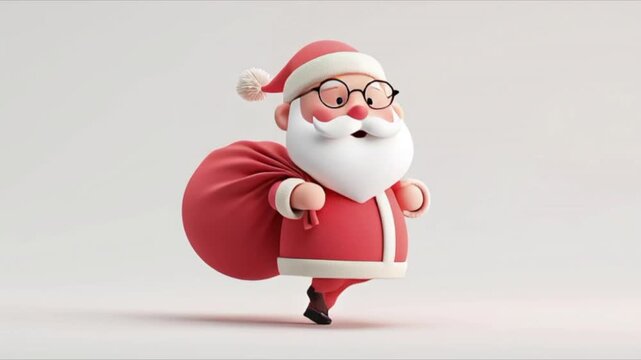 3dクレイで作られたサンタクロースが12月の冬のクリスマスにプレゼント袋を背負って走るサンタの姿_アニメムービー