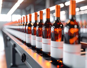 Row of red wine bottles with orange caps and blank labels on a factory production line conveyor belt.