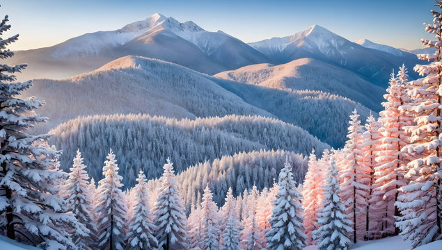 Tranquil Mountain Landscape with Snow-Covered Firs and Serene Winter Sunrise
