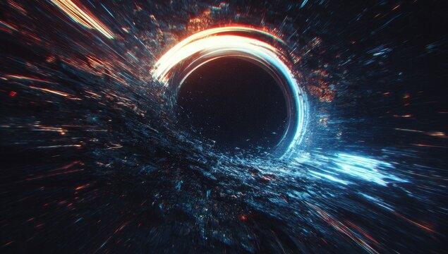 Abstract vortex, swirling in a dark space.  A black hole-like center is surrounded by vibrant streaks of light