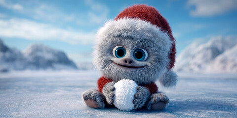 Cute and smiling cartoon character, a small Yeti dressed in a Santa Claus costume plays sitting with a snowball at the North Pole looking at the camera. Christmas Greeting Card Template. Generative Ai