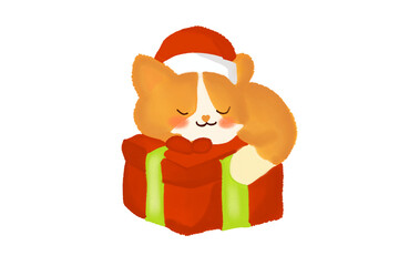Naklejka premium Adorable Cat Hugging Present Box in Christmas Theme.