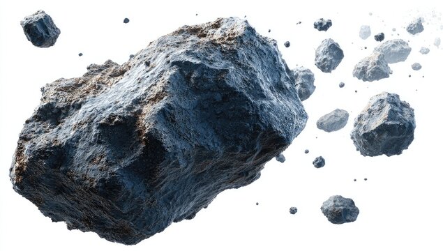 Asteroid field against white background. Large, irregular asteroid with smaller fragments