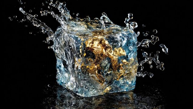 Golden object encased in ice cube, water splashes - Powered by Adobe