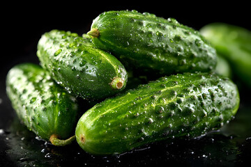 Freshly Harvested Green Pickling Cucumbers on a Dark Background