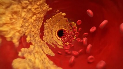 A medical illustration of atherosclerosis showing cholesterol plaque buildup in a coronary artery with red blood cells and a forming thrombus leading to cardiovascular disease