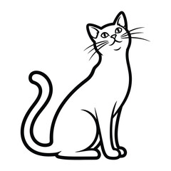 Enchanting Feline Illustration: A graceful cat, depicted in a minimalist line art style, sits regally, head tilted back with a serene expression and whiskers poised.