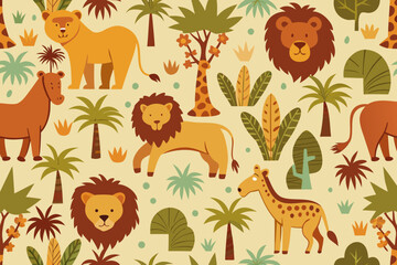 Obraz premium Playful jungle safari pattern with lions, giraffes, palm trees, and tropical foliage, perfect for children's decor, textiles, and playful designs with a whimsical vibe