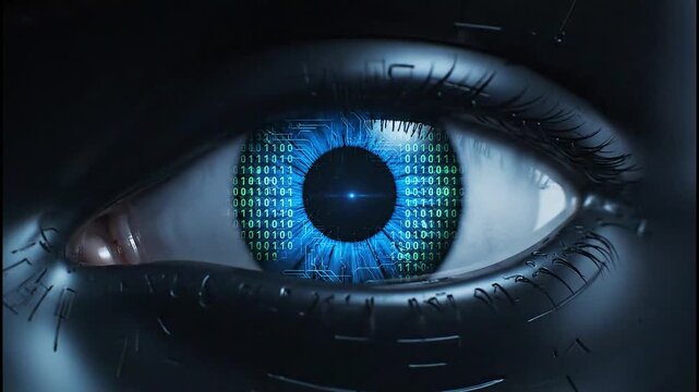 Digital eye reflecting binary code, symbolizing advanced technology, data analysis, and futuristic surveillance with vibrant blue iris and intricate circuit patterns.