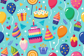 Festive birthday party pattern with balloons, cakes, gift boxes and party hats creating a fun celebration atmosphere, perfect for invitations and backgrounds