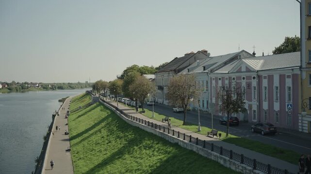 View of the Stepan Razin embankment of the Tvertsa River in the city of Tver. Dolly camera