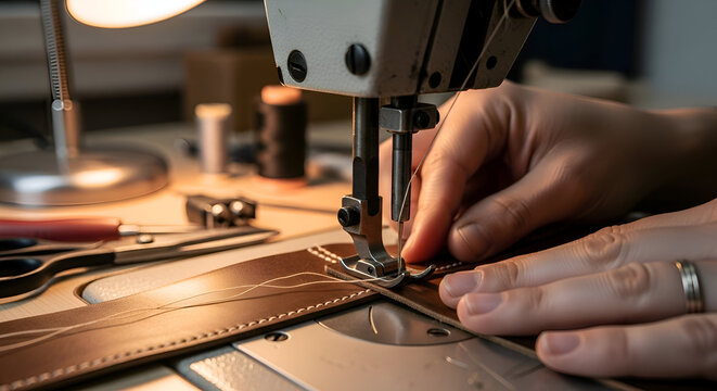 Close-up of a sewing machine stitching a leather belt. - Powered by Adobe