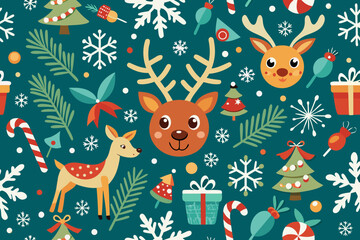 Obraz premium Celebrate the magic of Christmas with this delightful holiday reindeer pattern, featuring festive trees, gifts, candy canes, and snowflakes for joyful designs
