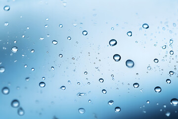 Clear water droplets on a glass window with a soft-focus view of trees and greenery in a calm, rainy atmosphere.