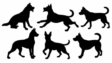 Silhouette illustration featuring six dogs in various poses such as sitting running and standing dogs art