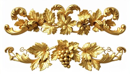3D render of an elegant golden baroque ornament with grapevine elements, luxury vintage decorative flourish isolated on white background
