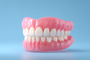 Obraz premium Pink denture with white teeth on a light blue background