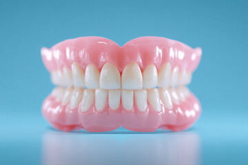 Fototapeta premium Full denture with white teeth on pink gums against a blue background
