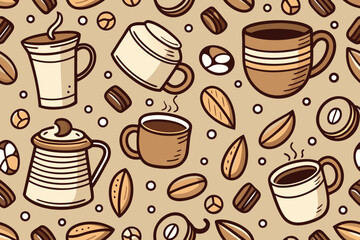 Obraz premium Inviting coffee pattern showcasing mugs, beans, and a warm, comforting cafe vibe; perfect for backgrounds, textiles, and menus with a delightful aromatic touch