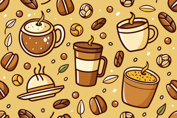 Adorable coffee themed pattern design featuring coffee cups and coffee beans, perfect for backgrounds, textiles, and branding projects about coffee shops