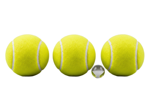 Three vibrant yellow fuzzy tennis balls, white seams, aligned with clear glass sphere on smooth transparent background, high-key studio macro photography concept of precise minimalism