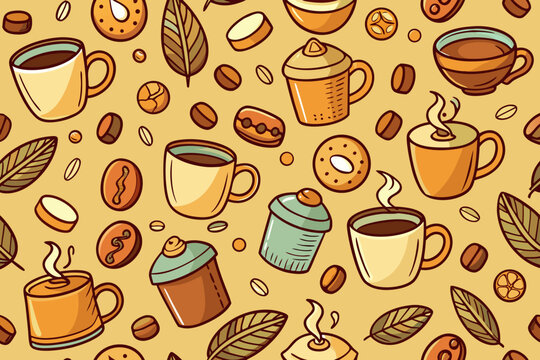 Invigorating coffee break pattern design featuring steaming cups, delicious donuts, and rich coffee beans for a cozy cafe or breakfast menu aesthetic