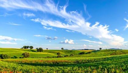 A vast, verdant field stretches beneath a vibrant blue sky, dotted with fluffy white clouds, creating a serene and peaceful scene.