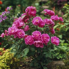 Fototapeta premium Vibrant pink roses in a garden bed