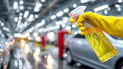 Hand Cleaning Car With Spray Bottle In Factory