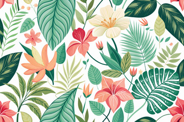 Tropical bloom art with vibrant flowers and exotic leaves, perfect for eye-catching backgrounds and modern designs, a fresh botanical pattern with a vector feel
