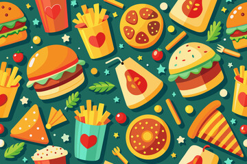Cheerful vibrant fast food pattern with burgers, fries, pizza, juice, and playful stars for menus, backgrounds, and fun food-themed designs, originally a vector graphic