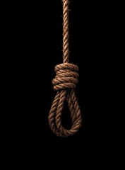 A close-up of a hanging noose. A light brown rope with a tight knot hangs against a black background