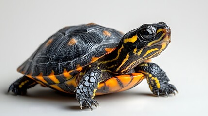 Fototapeta premium A small turtle with vibrant yellow and orange striped skin and a patterned shell isolated on a light background