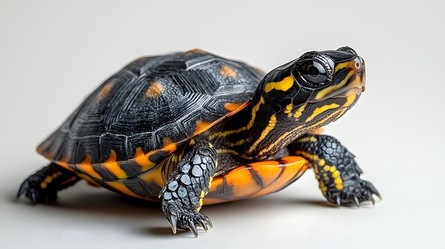 A small turtle with vibrant yellow and orange striped skin and a patterned shell isolated on a light background