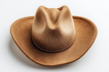 A light brown felt cowboy hat with a slightly creased crown and a simple band sits on a white background