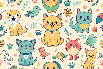 Whimsical animal pattern with cute dogs, cats, birds and paw prints, perfect for children's designs, playful projects, and cheerful backgrounds