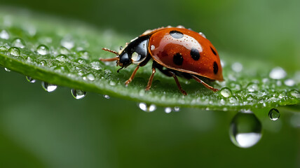 Obraz premium Macro shot of a ladybug on a green leaf with dew drops